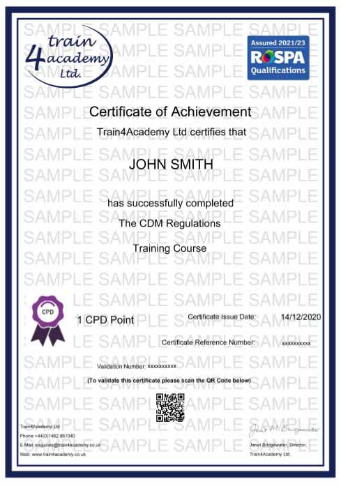 CDM Regulations Training - Certificate Example