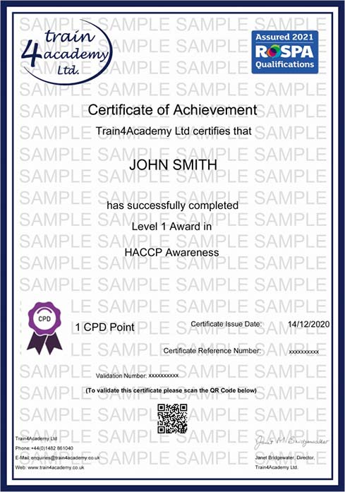 HACCP Training Level 1 - Awarness - Certificate Example