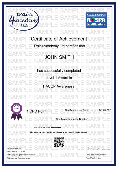 HACCP Level 1 Training Course in Awareness - Certificate Example