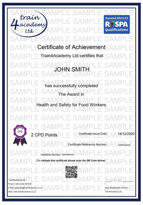 Health and Safety for Food Workers - Example Certificate