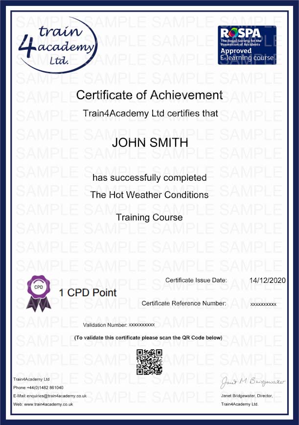 Hot Weather Conditions Training - Certificate Example