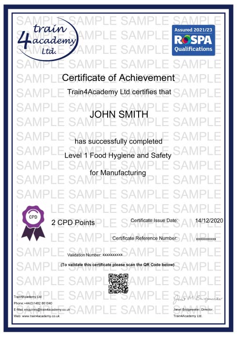 Level 1 Food Hygiene for Manufacturing - Certificate Example
