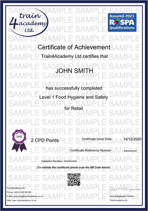 Level 1 Food Safety in Retail Training - Certificate Example