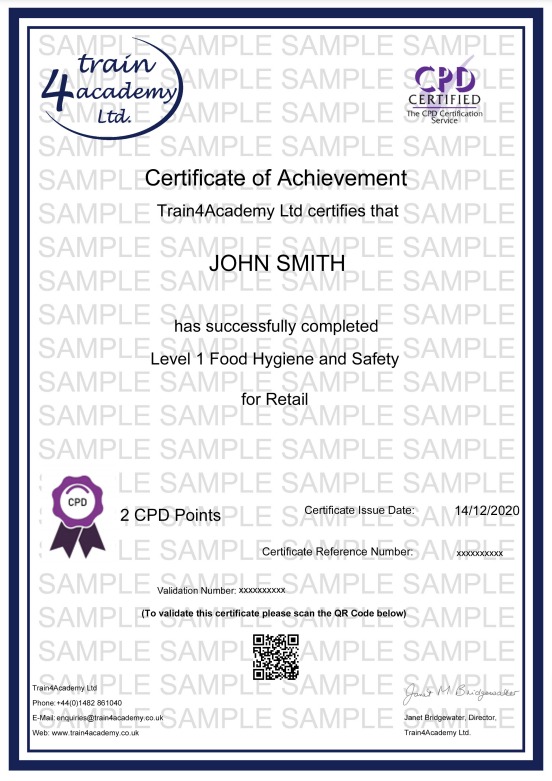 Level 1 Food Safety in Retail Training - Certificate Example