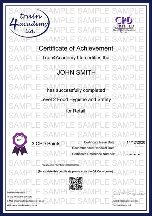 Level 2 Food Safety Retail Training - Certificate Example