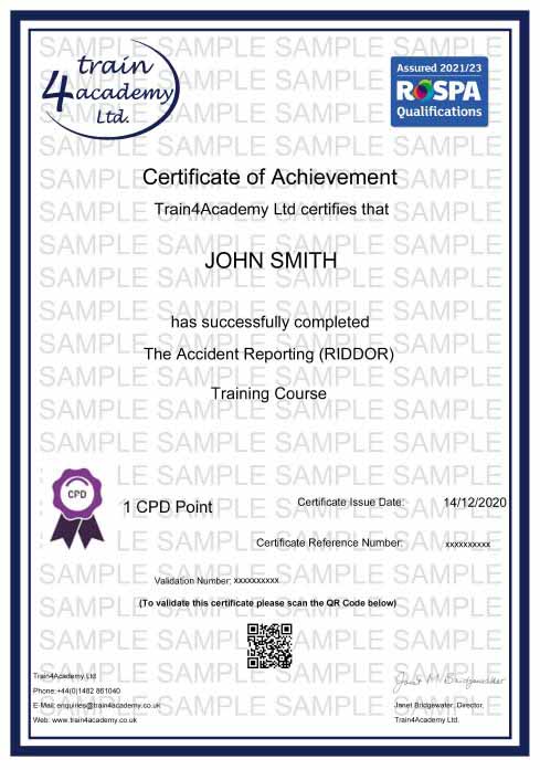 RIDDOR Training - Certificate Example