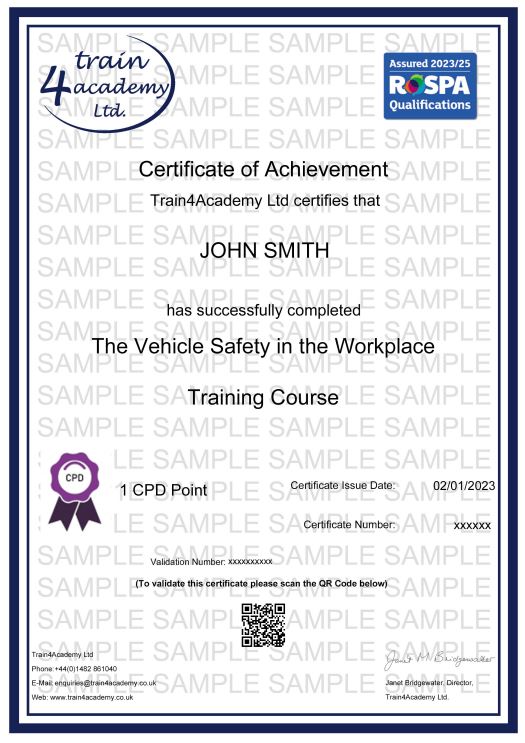 Vehicle Safety in the Workplace Training - Certificate Example
